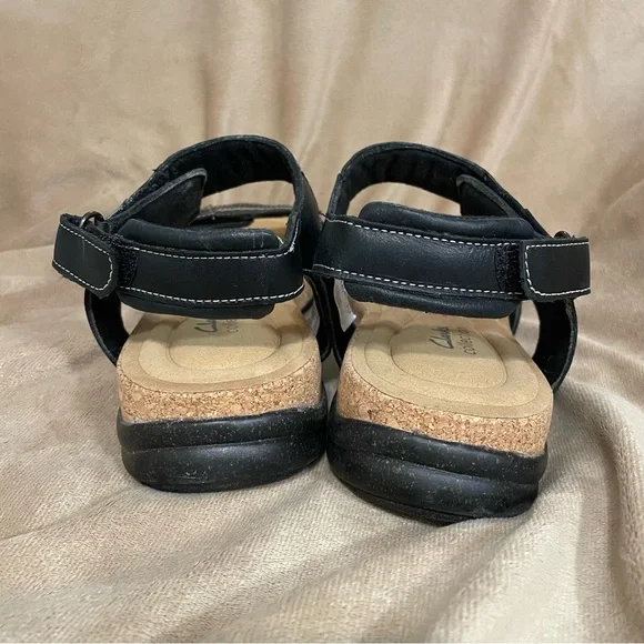 Clarks Black Leather Cork Footbed Sandals. - Picture 4 of 10